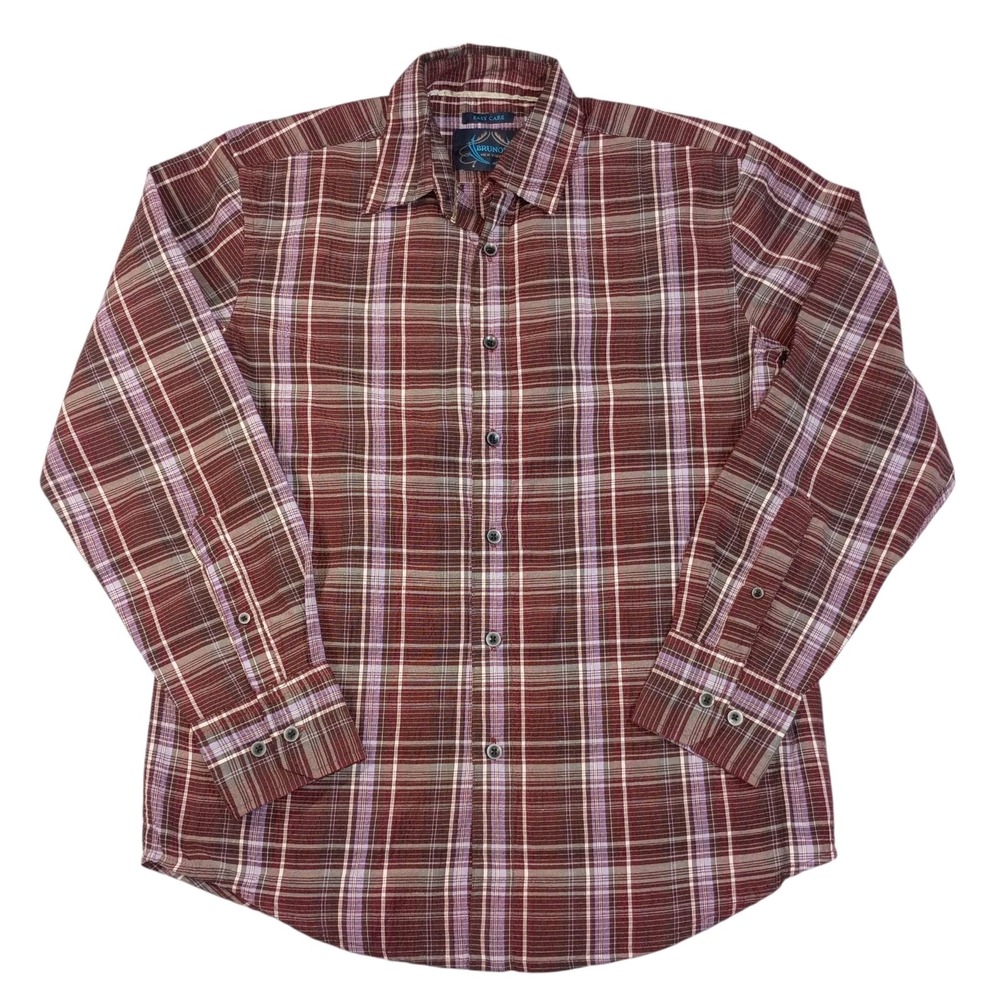 Bruno New York Seersucker‎ Long Sleeve Button Down Shirt Mens S Burgundy Plaid